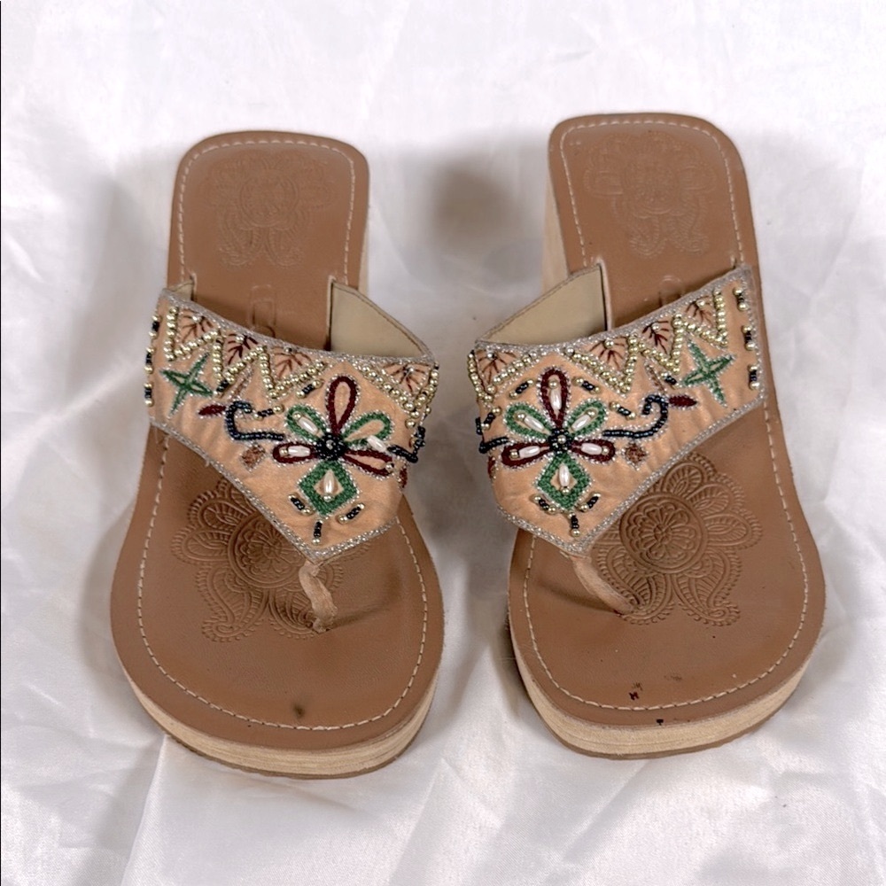 CG2B - Embroidered Tan Wedge Sandals -